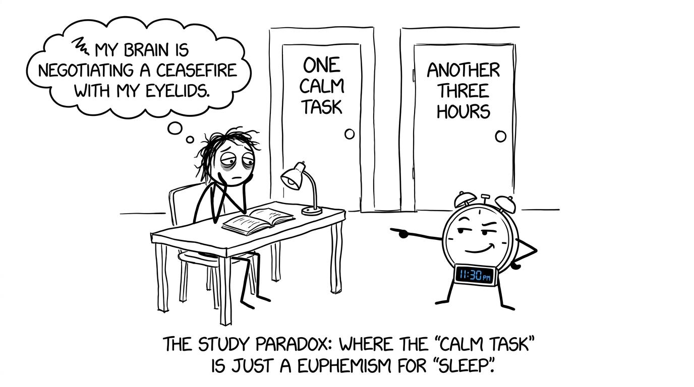 A tired student chooses between one calm revision task and another three hours