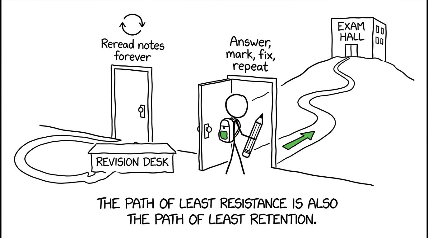 A student chooses the revision path of answering, marking, fixing and repeating