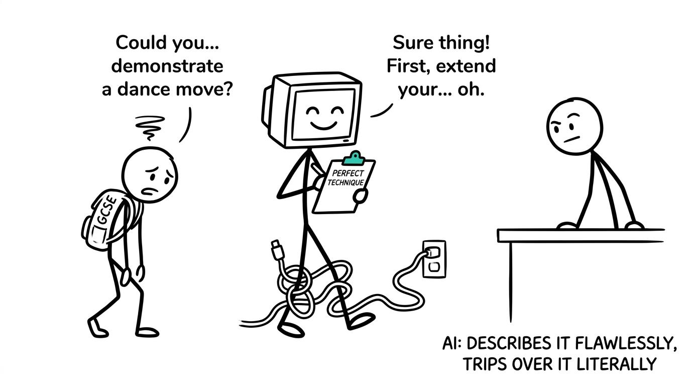 A laptop robot attempts to demonstrate perfect dance technique while tangled in its charging cable