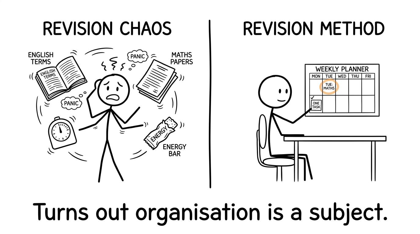 One student juggles every revision task while another calmly uses a weekly calendar