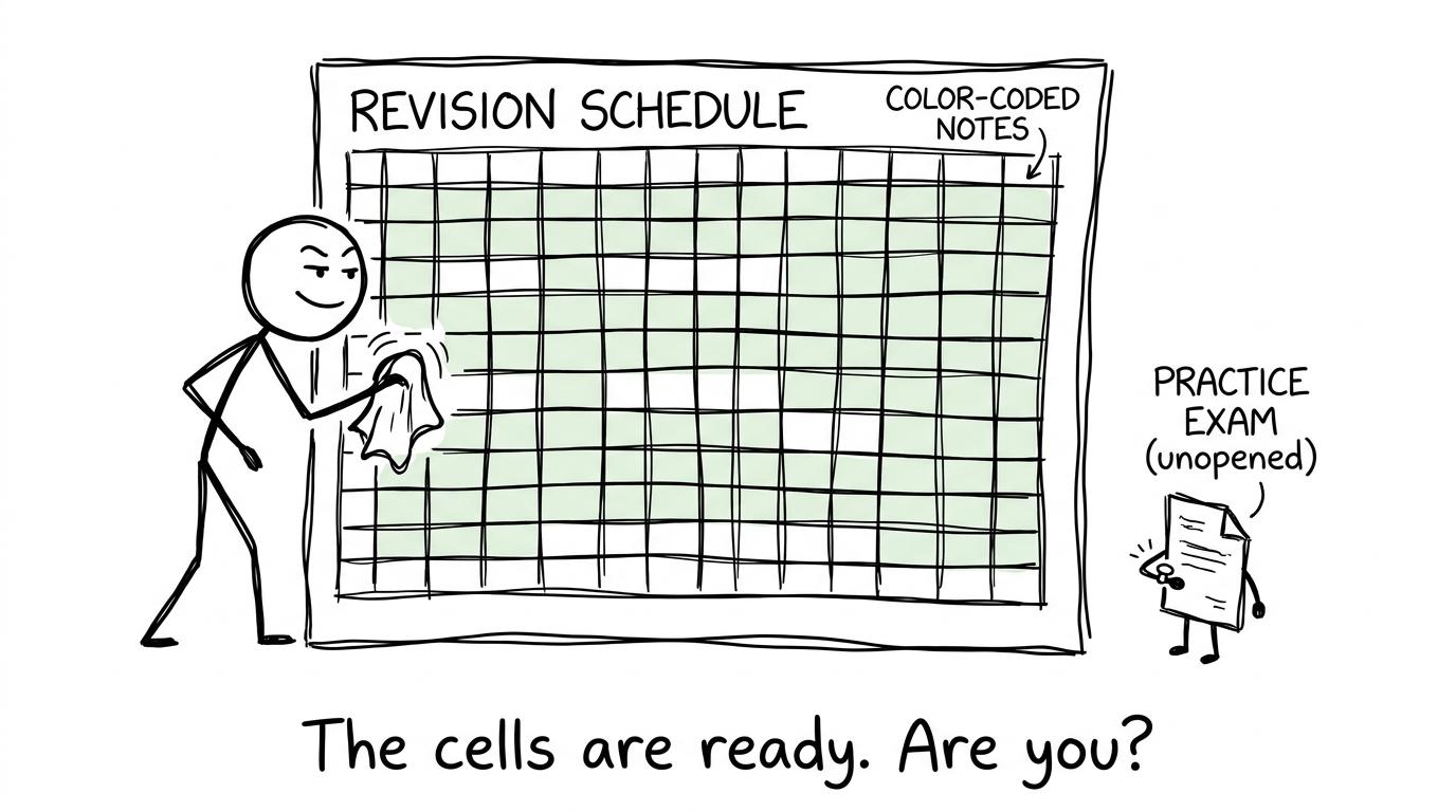 A student perfecting a spreadsheet while a practice paper waits