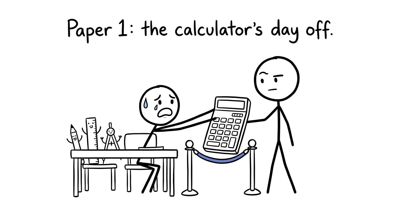 A student saying goodbye to a calculator before Paper 1