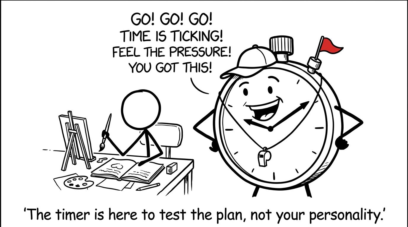 An overenthusiastic stopwatch coaching a student during an art mock
