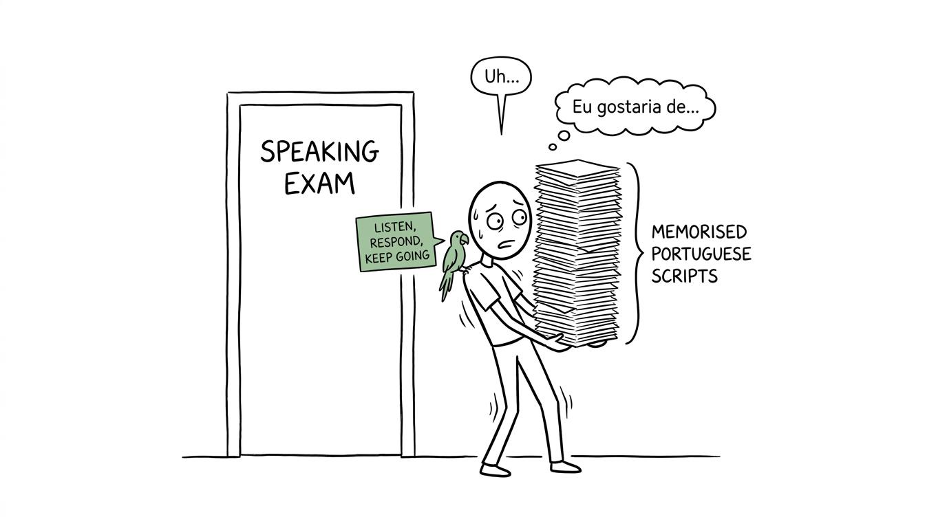 A nervous student abandons an enormous memorised script and follows a parrot's advice to listen, respond and keep going