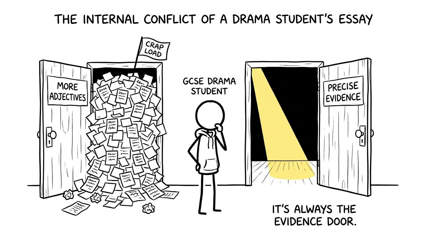 A Drama student choosing precise evidence over a mountain of adjectives
