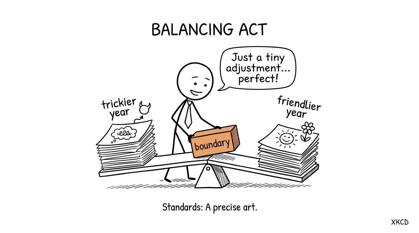 An examiner balances a trickier paper and a friendlier paper by adjusting the grade boundary
