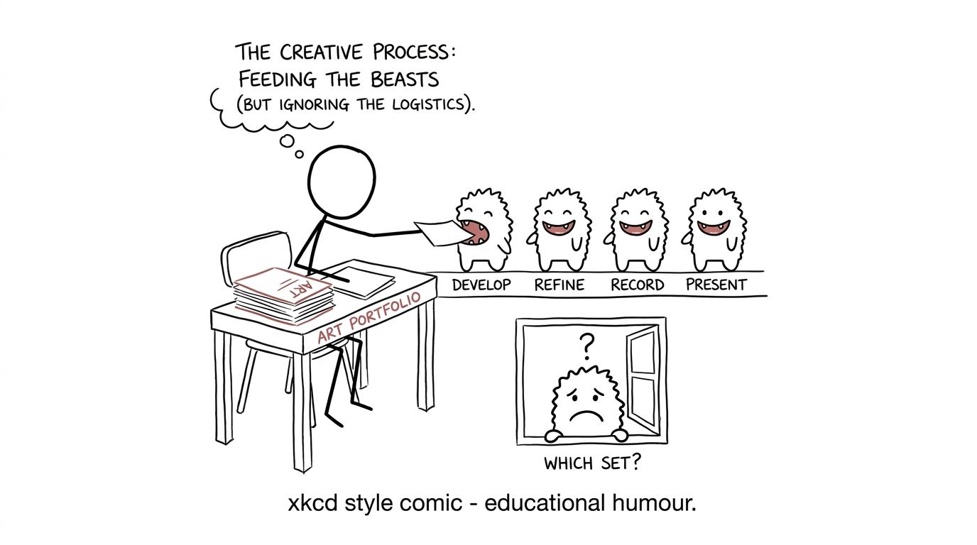 Four assessment-objective monsters receive portfolio evidence while the set label waits outside