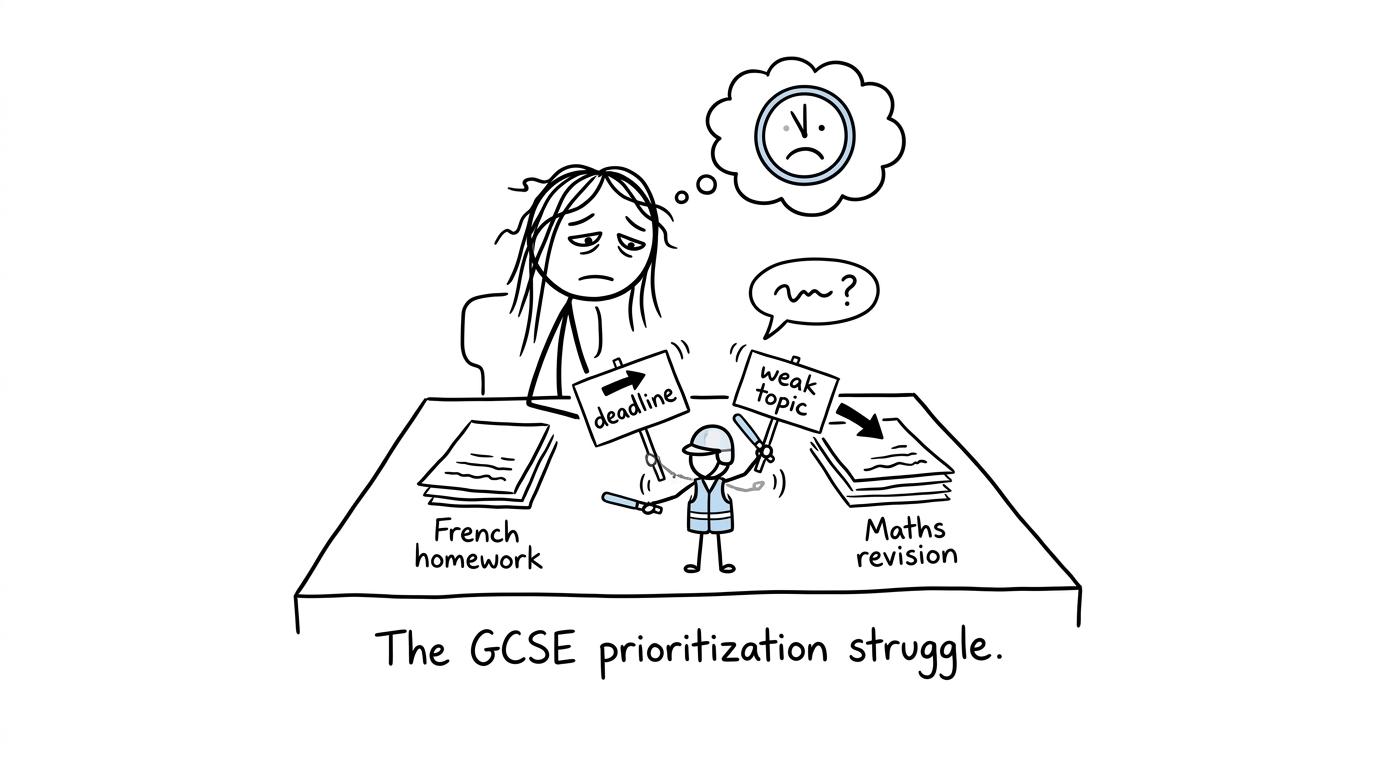 A GCSE student choosing between French homework and maths revision