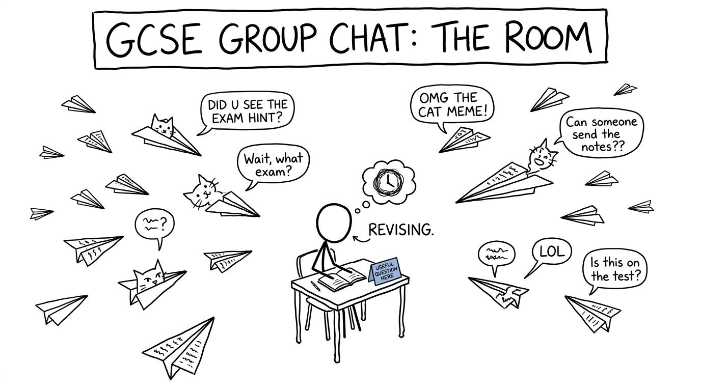 A student searches for a useful revision question in a storm of group chat memes