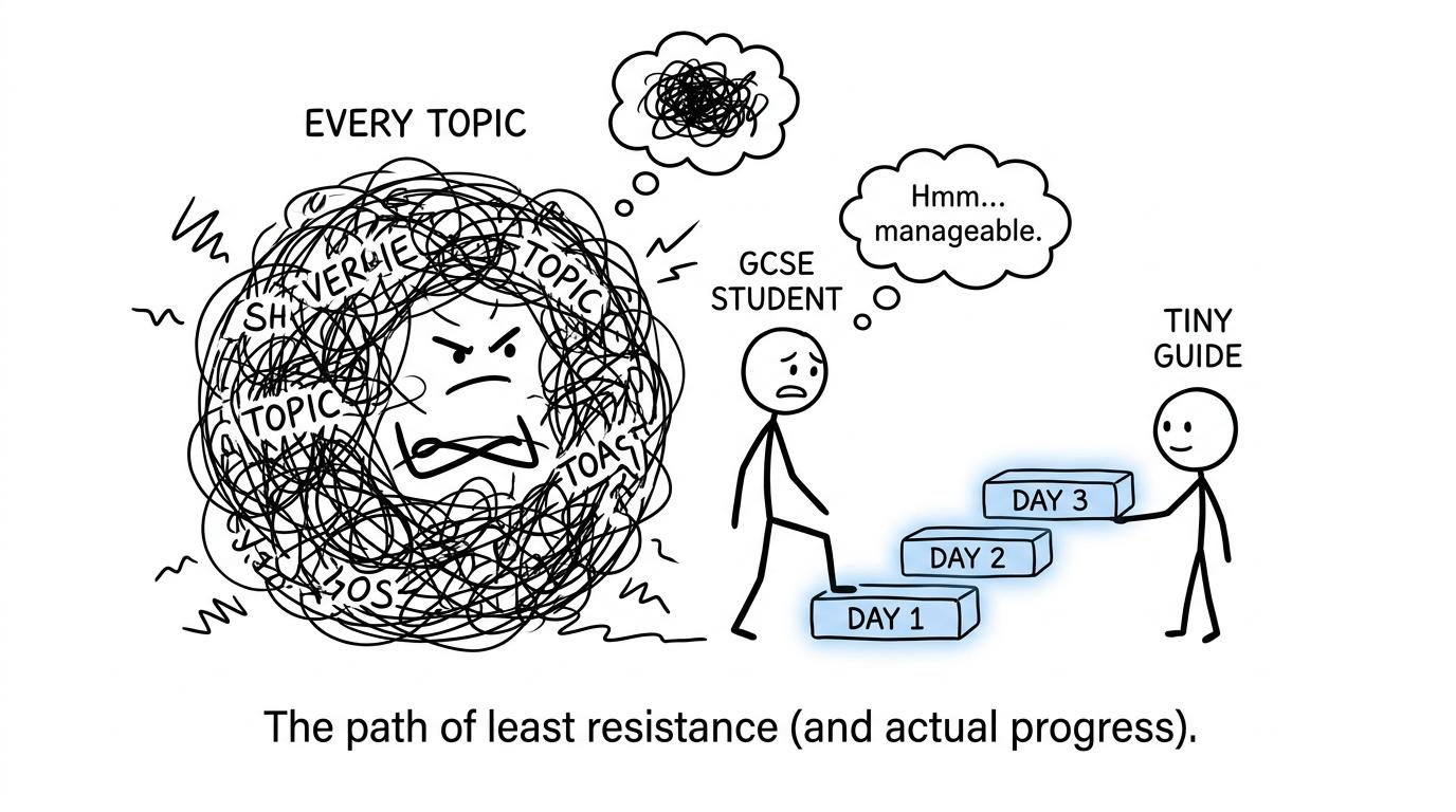 A student chooses three calm revision steps instead of tackling every topic at once
