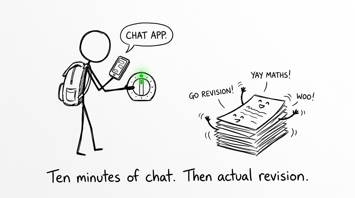 A student limits chat time before returning to practice papers