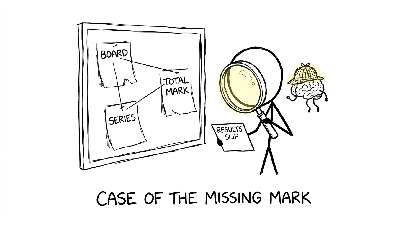 A student detective checks the board, series and total mark on a results slip