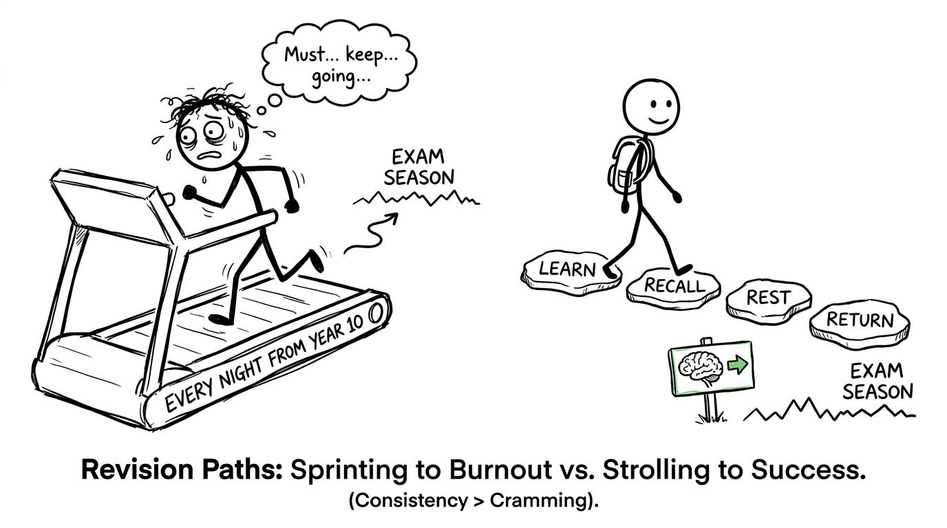 One student sprints towards burnout while another follows calm revision stepping stones