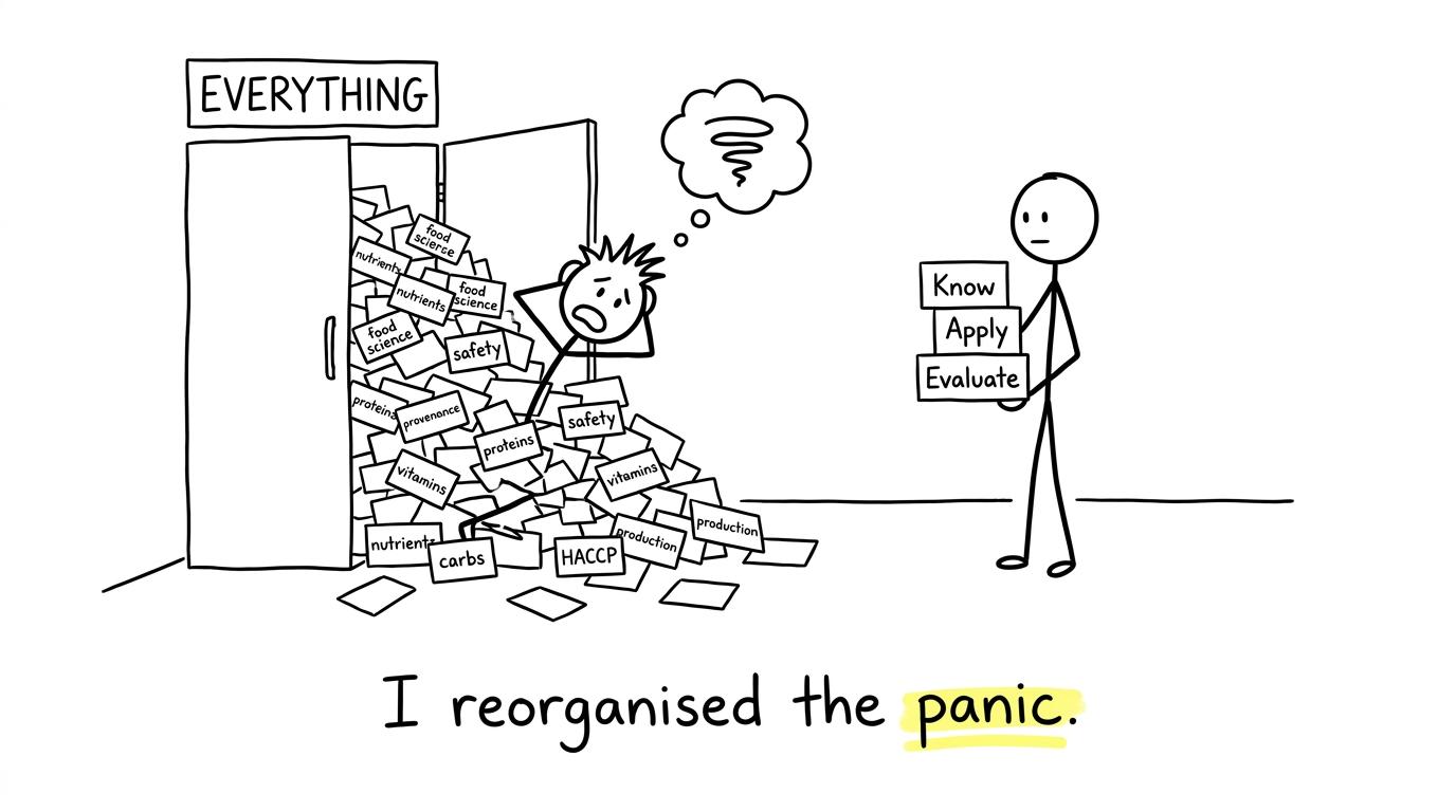 A student calmly reorganising food revision panic into know, apply and evaluate