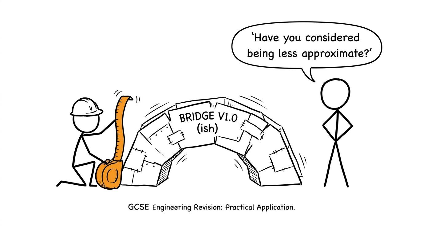 An engineer asking a cardboard bridge to be less approximate
