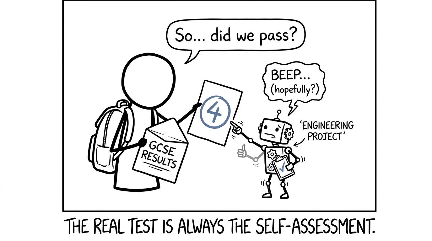 A student and engineering robot celebrate finding a grade 4 on the results slip