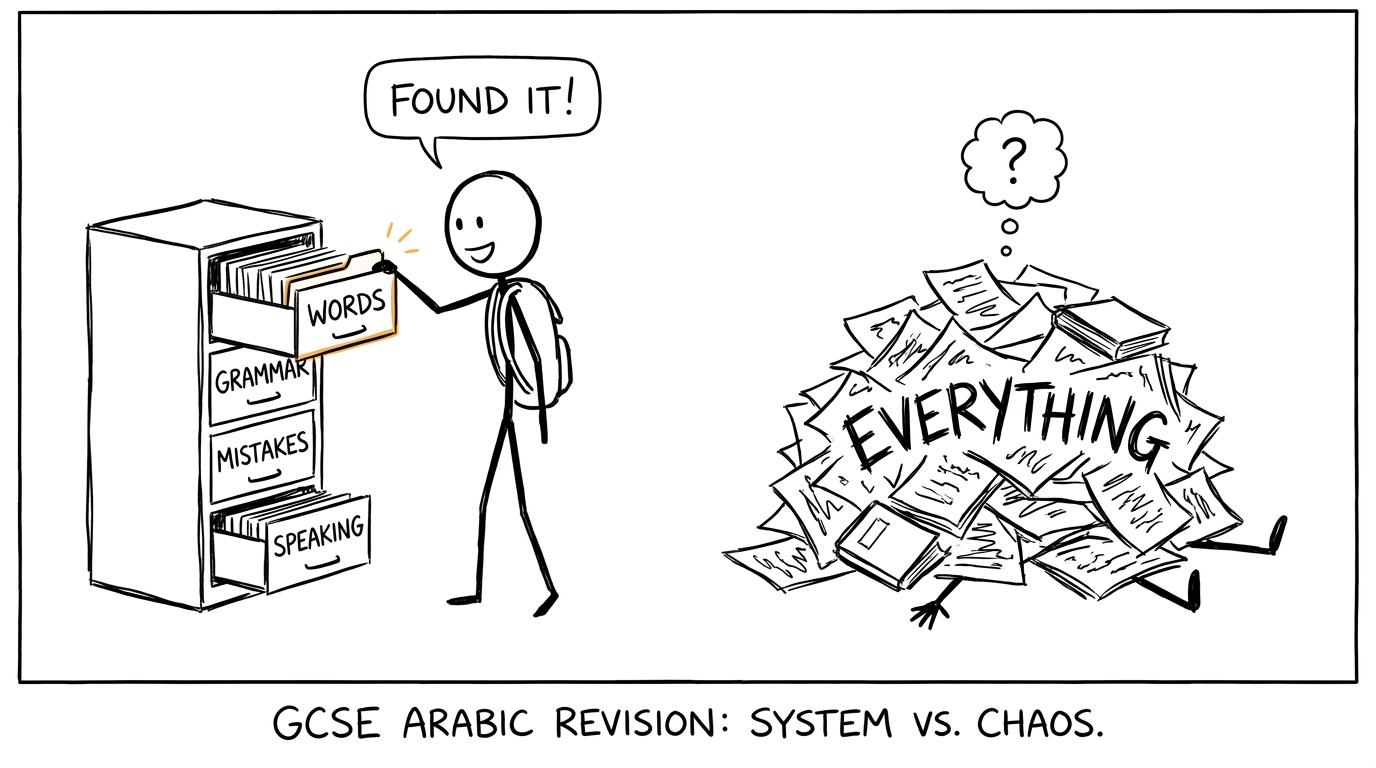 One student uses an organised filing cabinet while another disappears beneath a chaotic mountain of notes