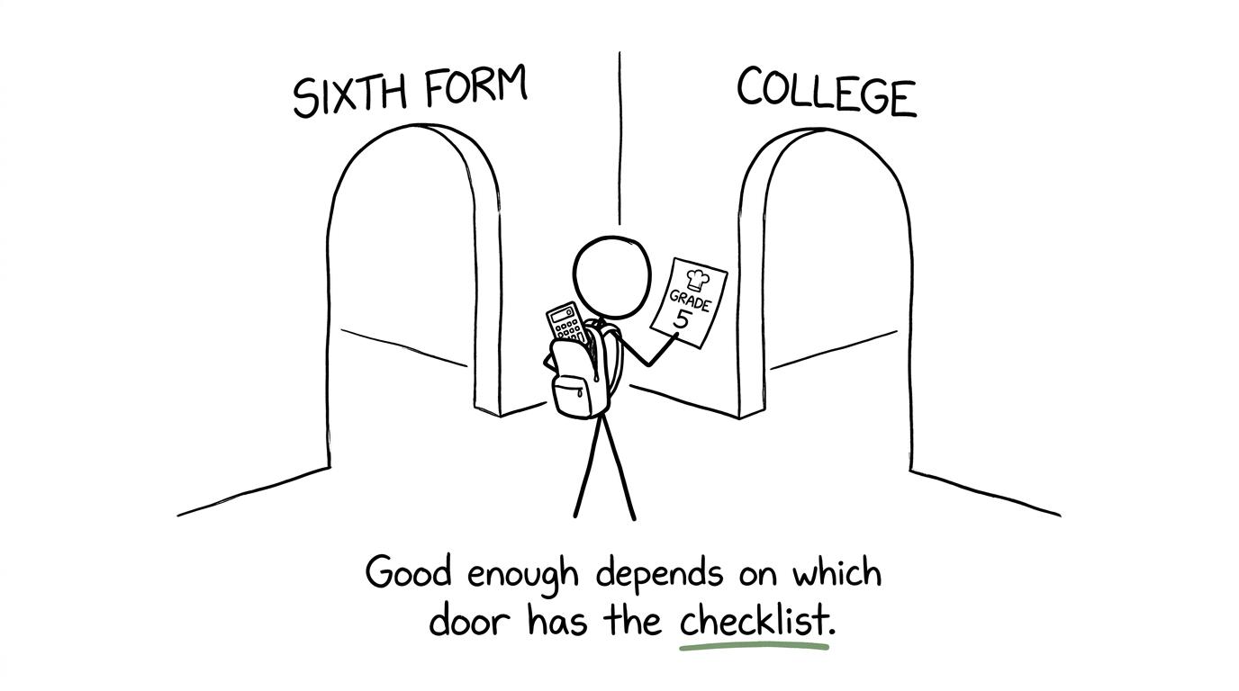 A student choosing between sixth form and college doors while holding a grade 5 result