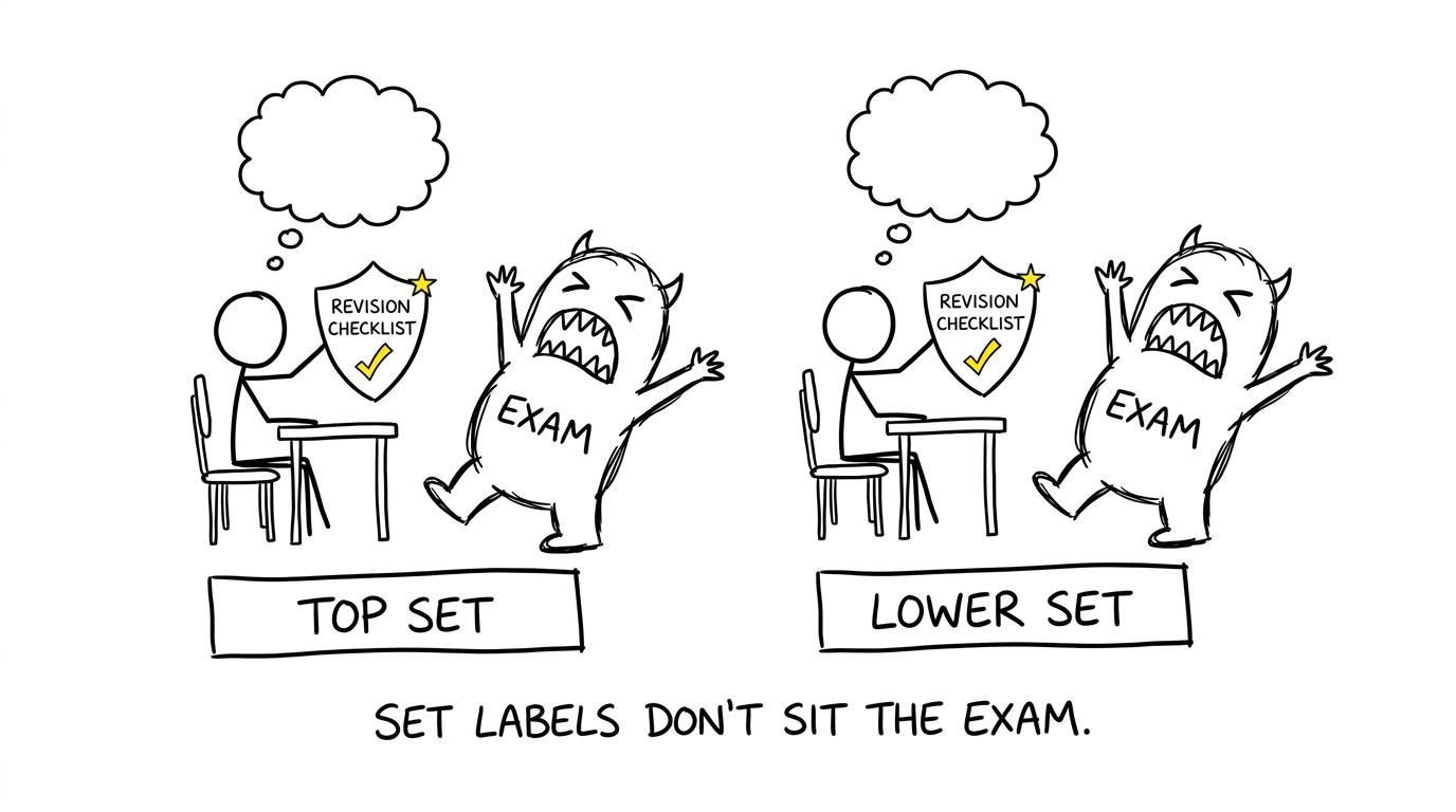 Students in different sets facing the same exam-paper monster