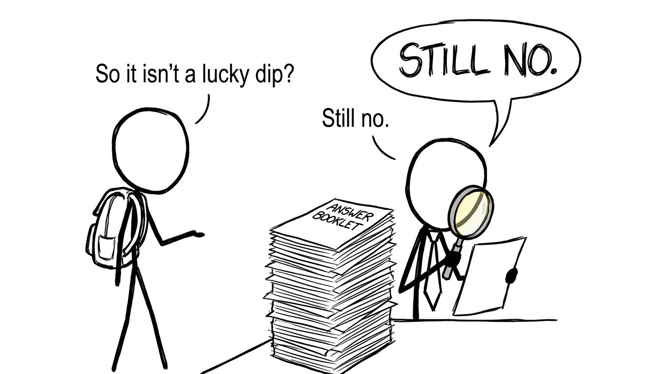 An examiner inspecting an answer booklet while confirming that a review is not a lucky dip
