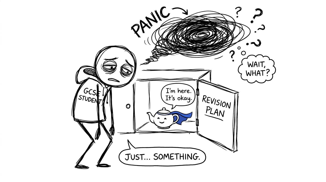 A tiny revision-plan teapot calmly confronting a cloud of exam panic