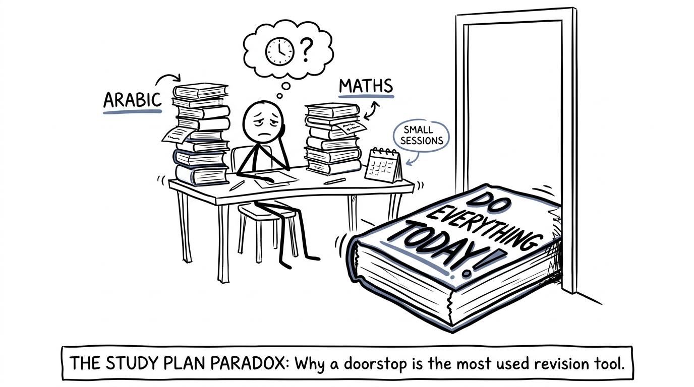 A student balancing Arabic and maths revision with a sensible calendar