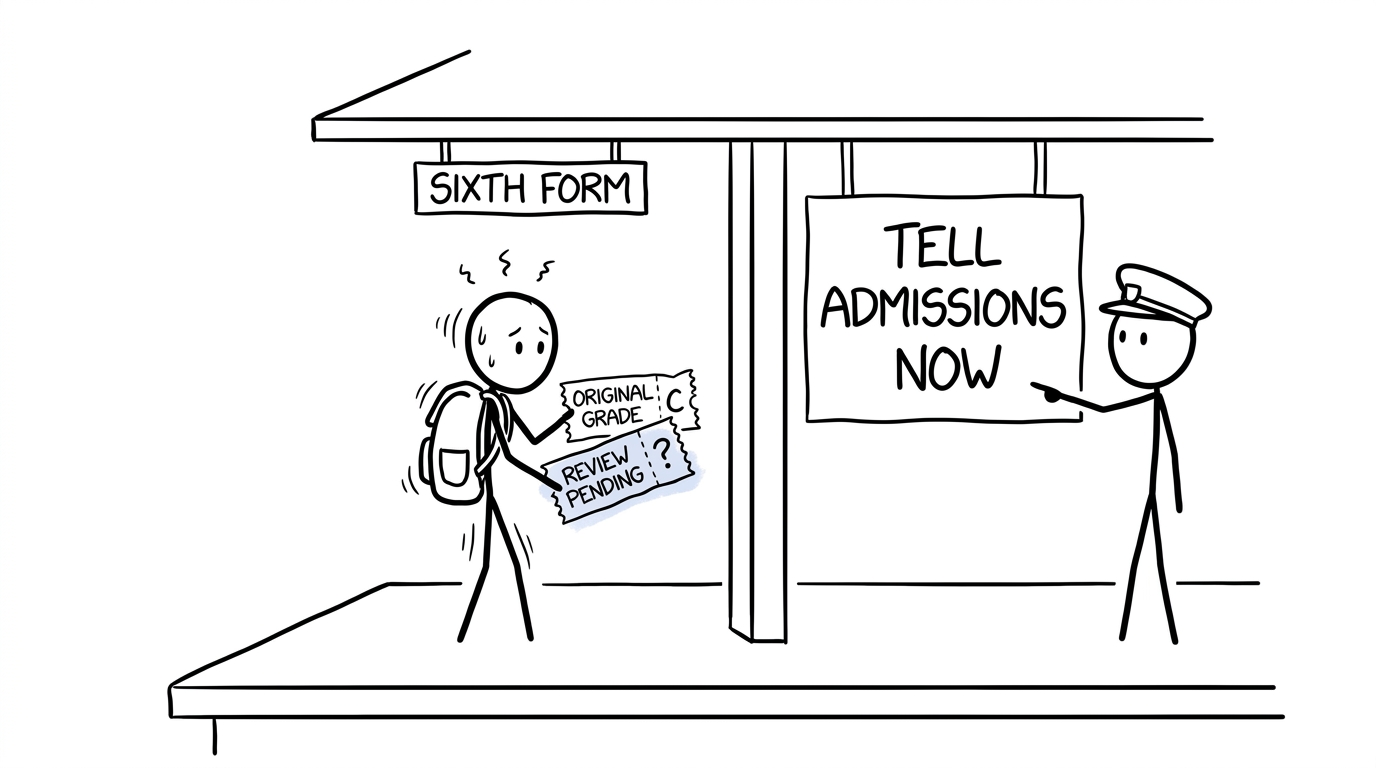 A student tells sixth-form admissions that a result review is pending