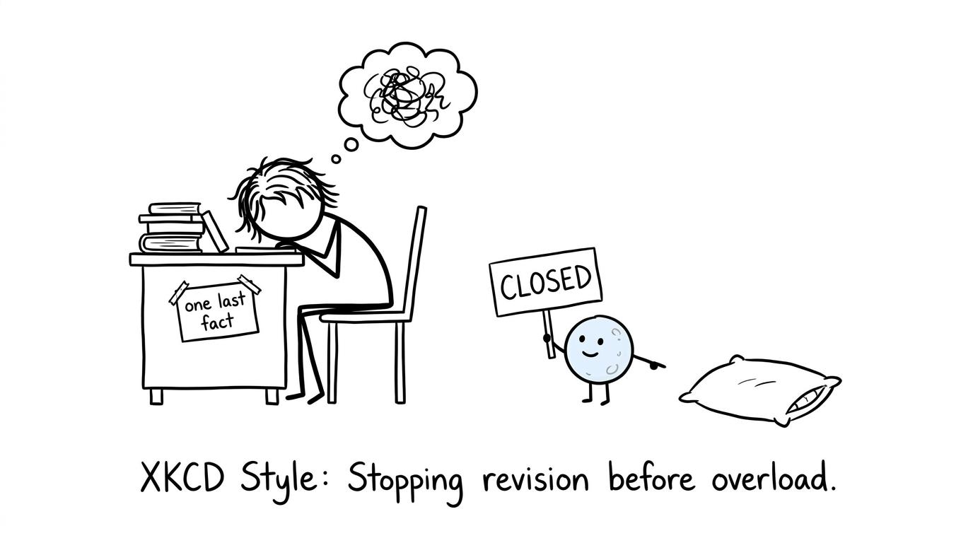 A tired student is reminded by the Moon that revision has closed for the night