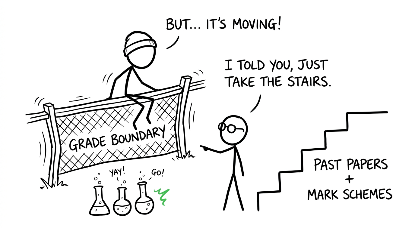 A student chooses a staircase of past papers instead of chasing a moving grade-boundary fence