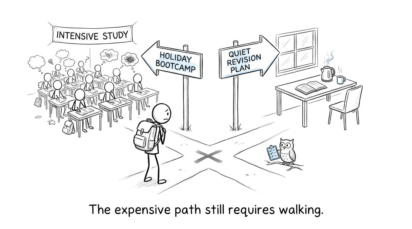 A student choosing between a holiday bootcamp and a quiet revision plan