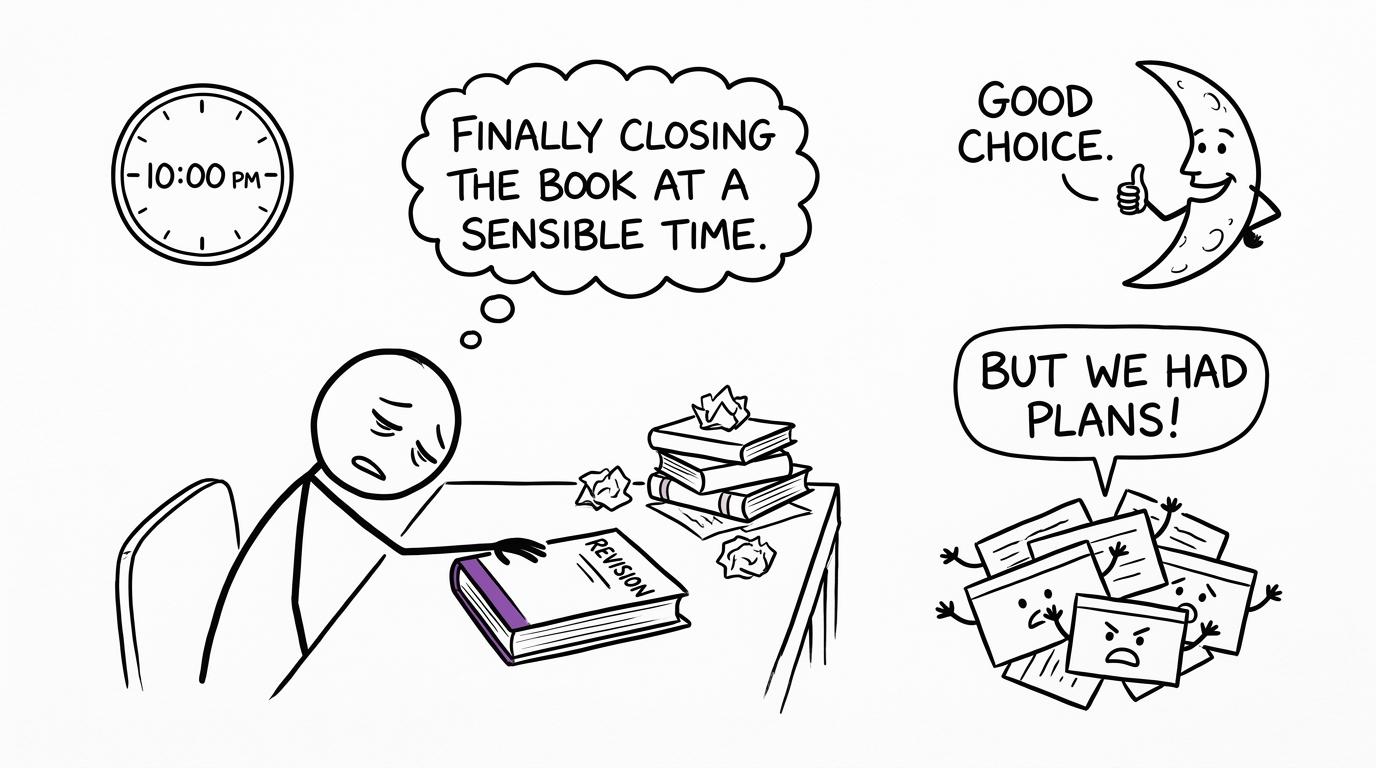 A student ends revision on time while the Moon approves