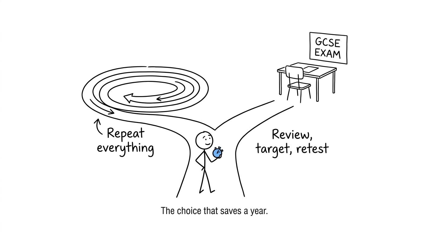 A student chooses between repeating everything and reviewing, targeting and retesting