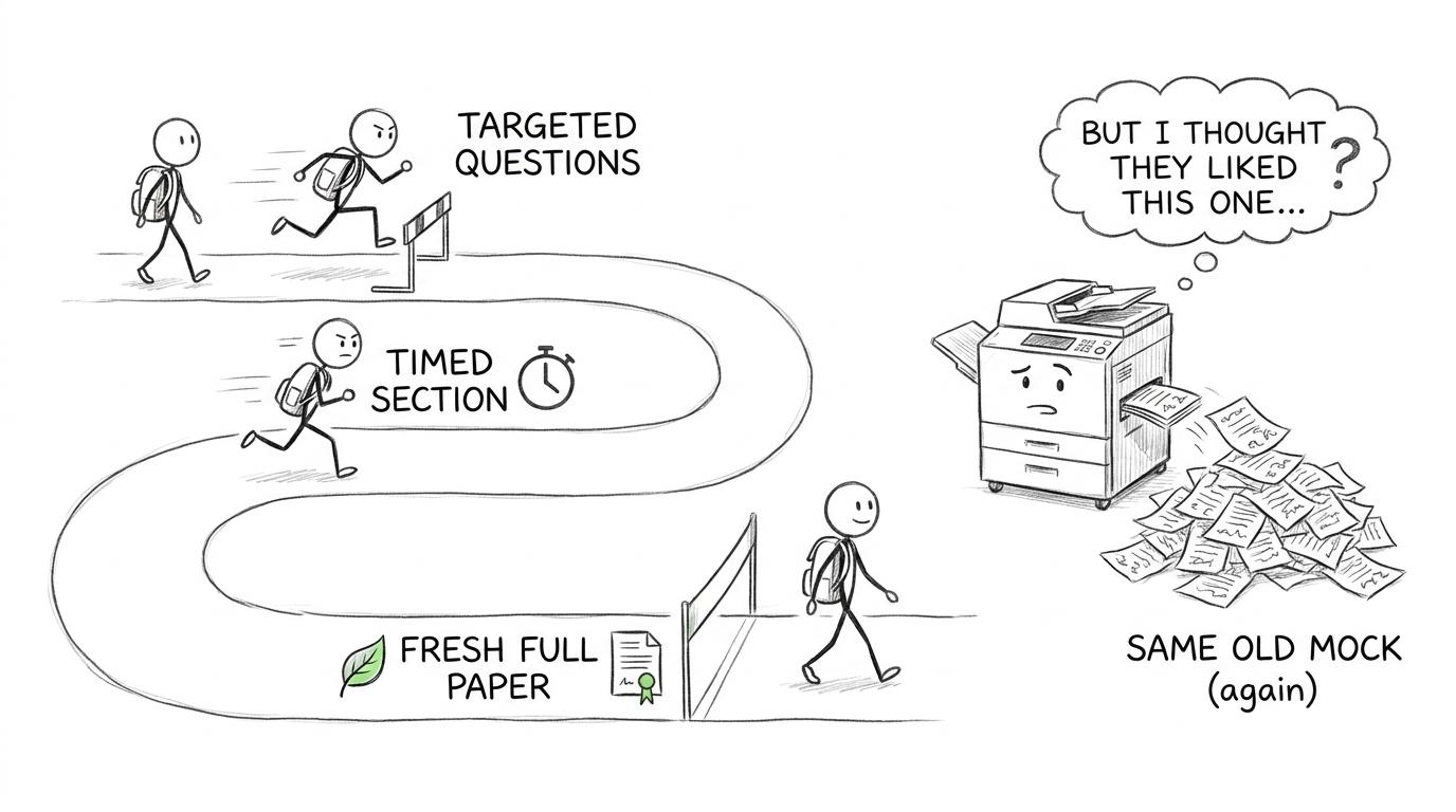 A revision track moving from targeted questions to a fresh full paper