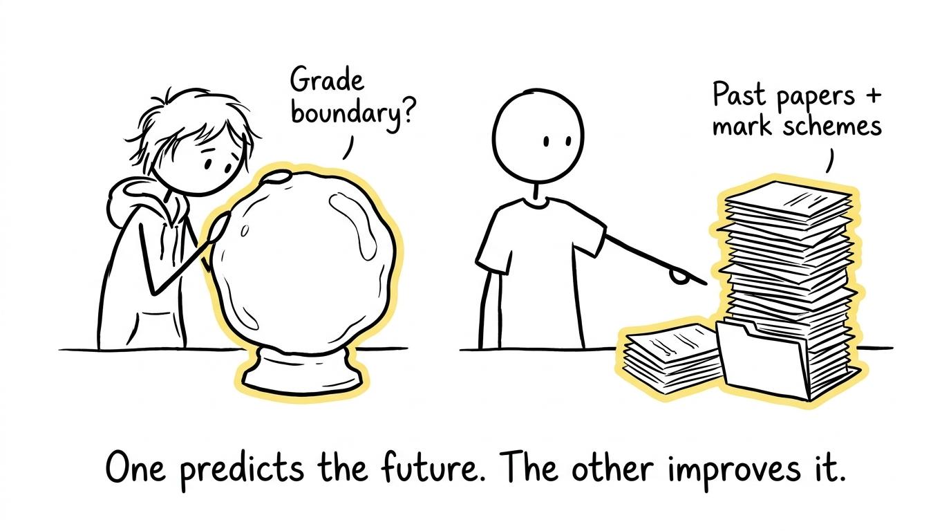 A crystal ball competing with past papers and mark schemes