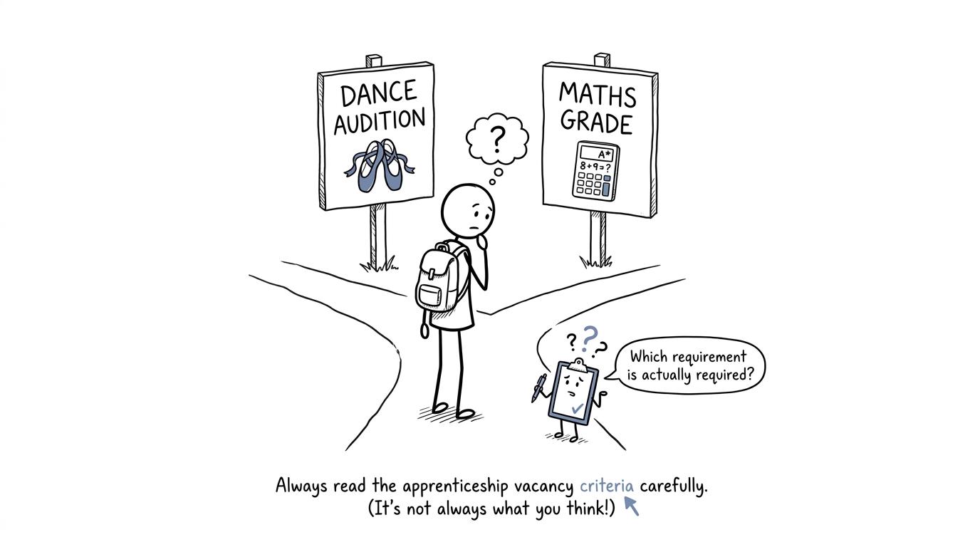 A student choosing between a dance audition and a maths grade while checking the real apprenticeship requirements