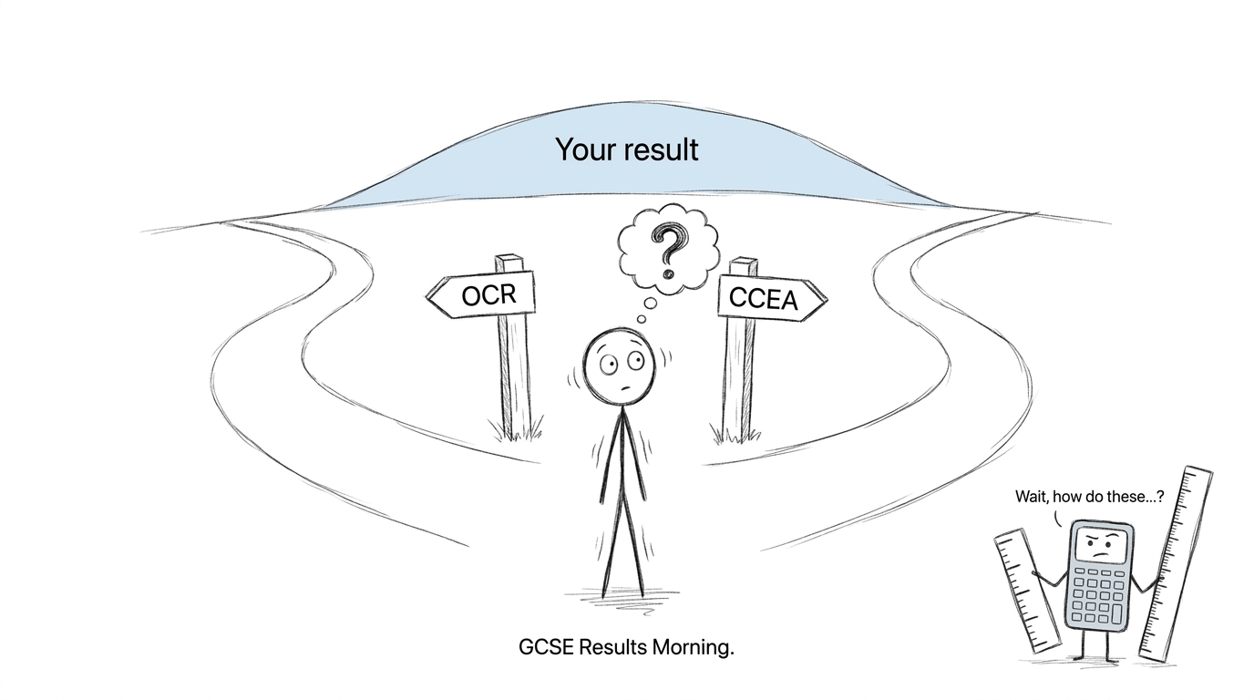 A student choosing between OCR and CCEA signposts while a calculator compares two different rulers