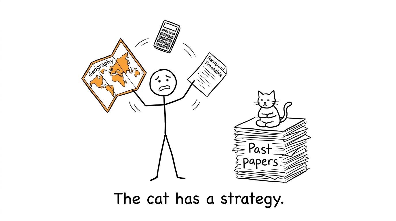 A student juggling a map, calculator and timetable while a cat chooses the past-paper pile