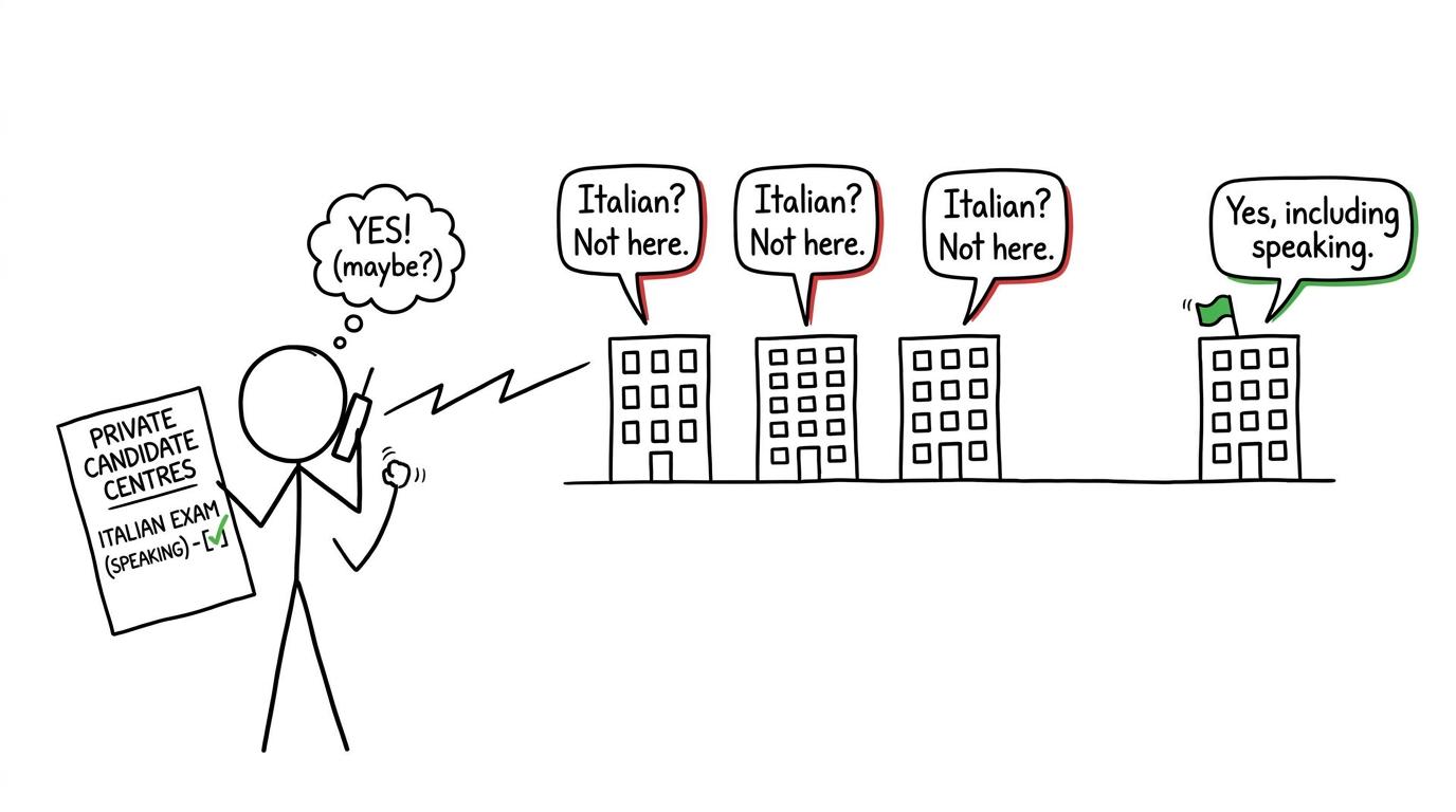 A student finally finds an exam centre that offers Italian and the speaking assessment