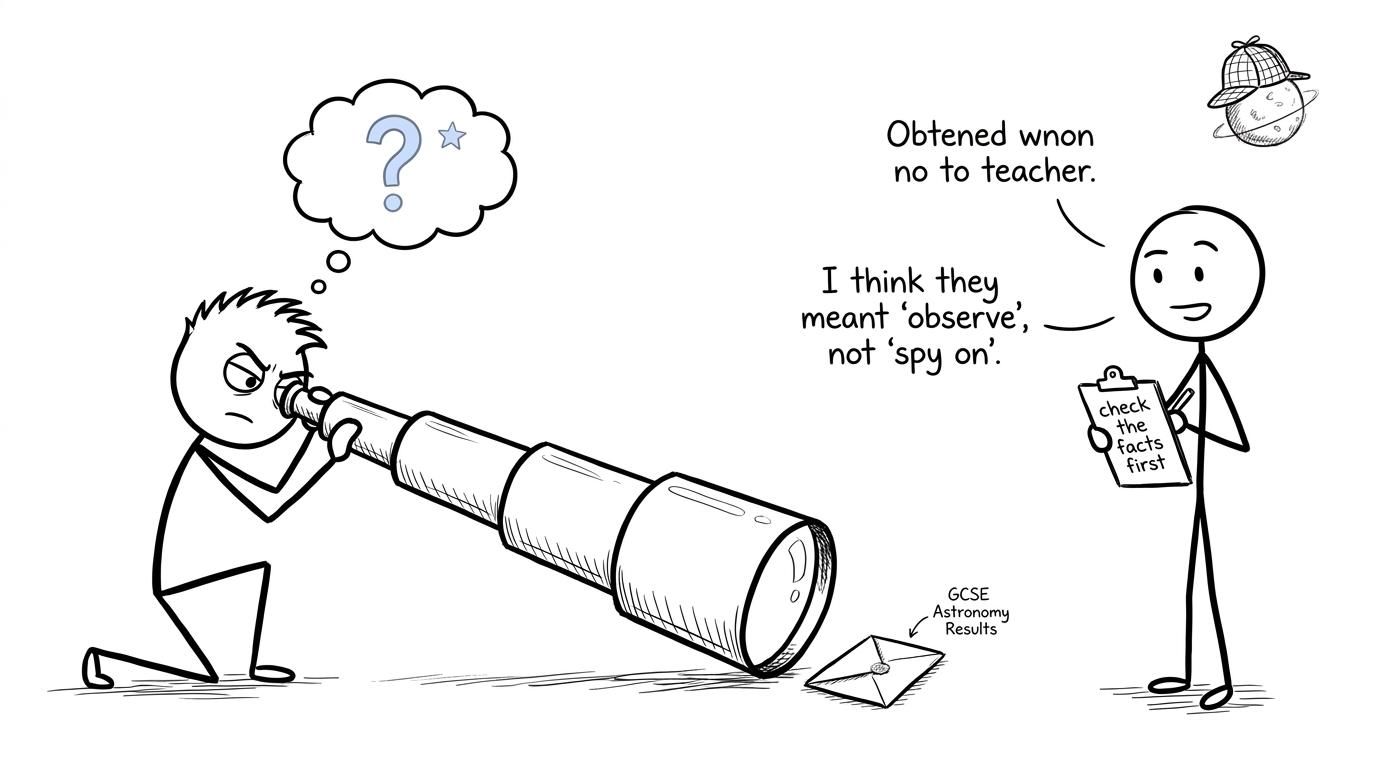 A student inspecting a surprising GCSE Astronomy result through an enormous telescope