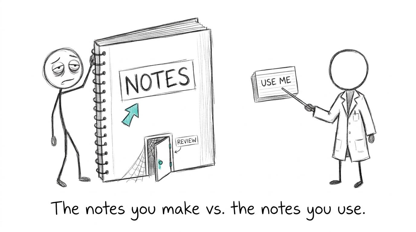 A student discovers that impressive notes still need to be used for revision