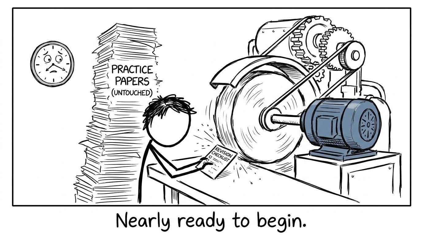 A student polishing a revision checklist while practice papers pile up