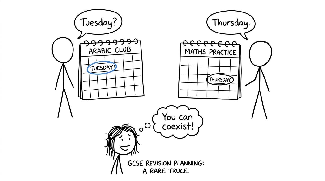 Arabic club and maths revision discovering that they can share a calendar