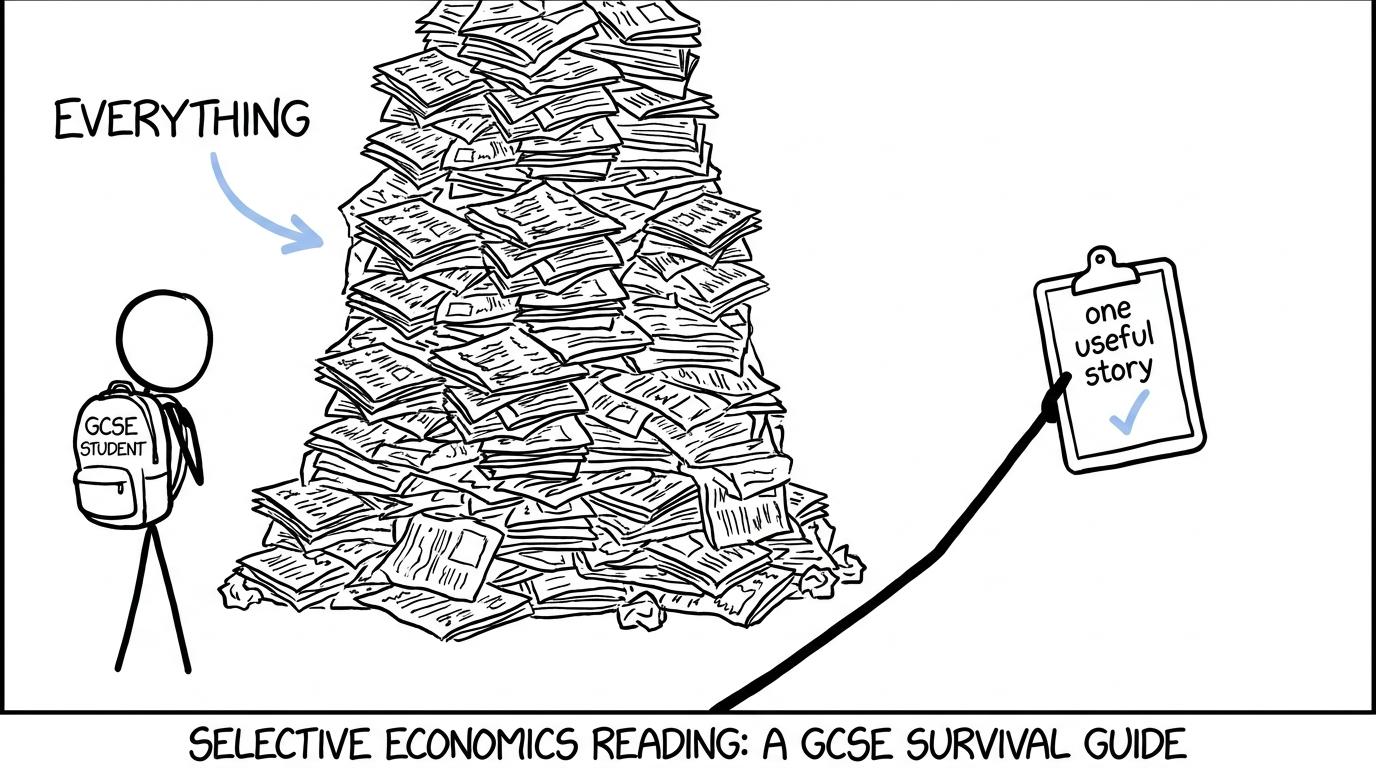 A student chooses one useful economics story instead of an impossible mountain of newspapers