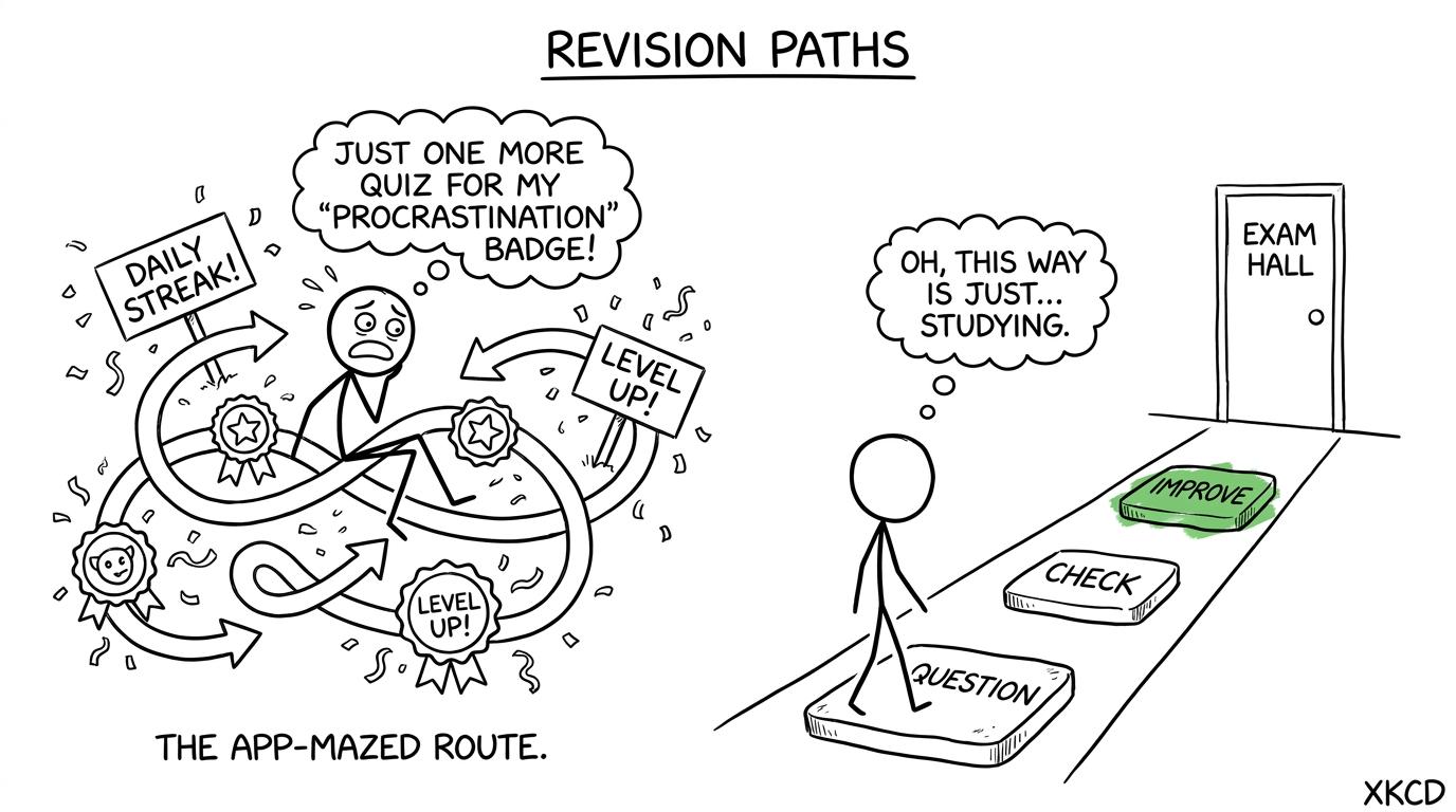One path loops through badges and streaks while question, check and improve lead towards the exam hall