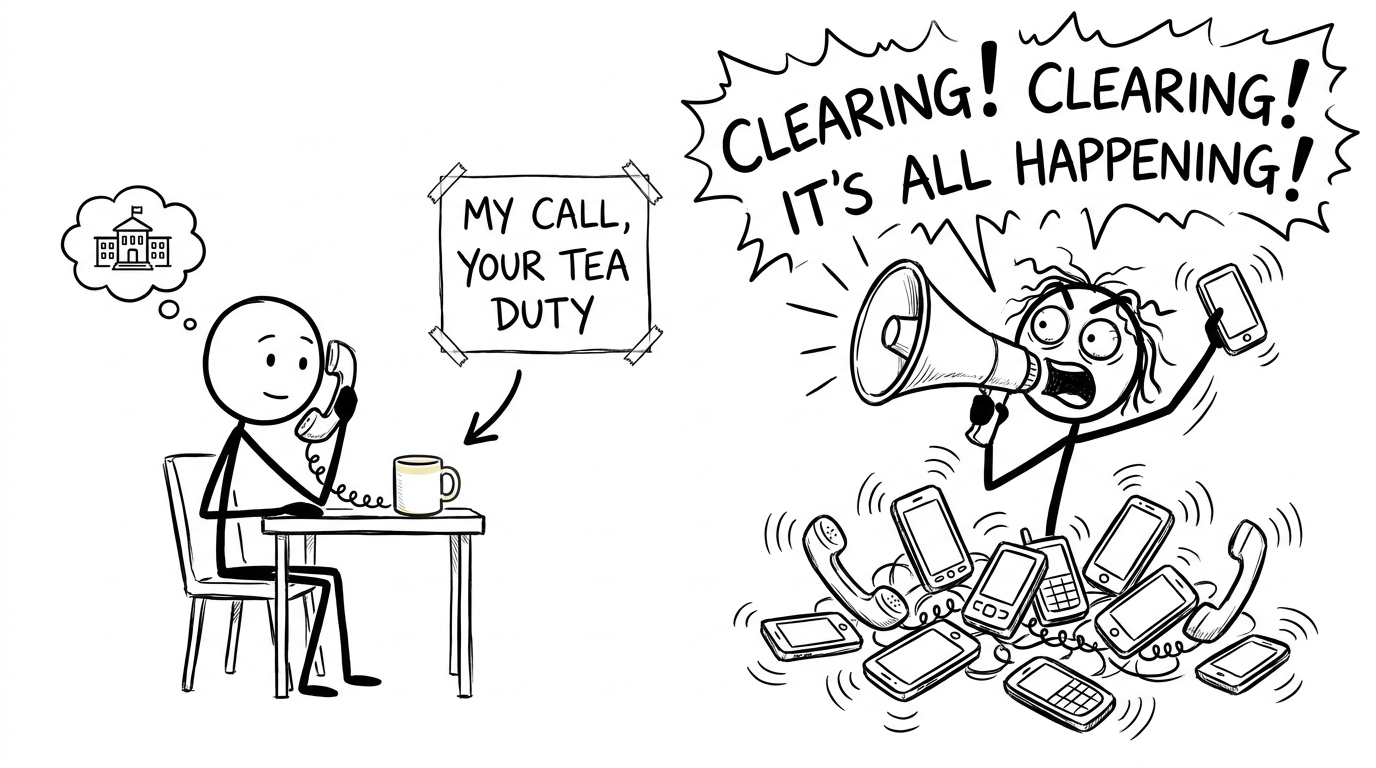 A student makes a calm Clearing call while an enthusiastic parent is assigned tea duty