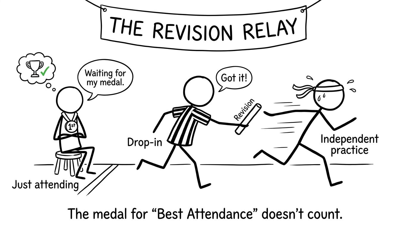 The revision baton passes from a drop-in to independent practice