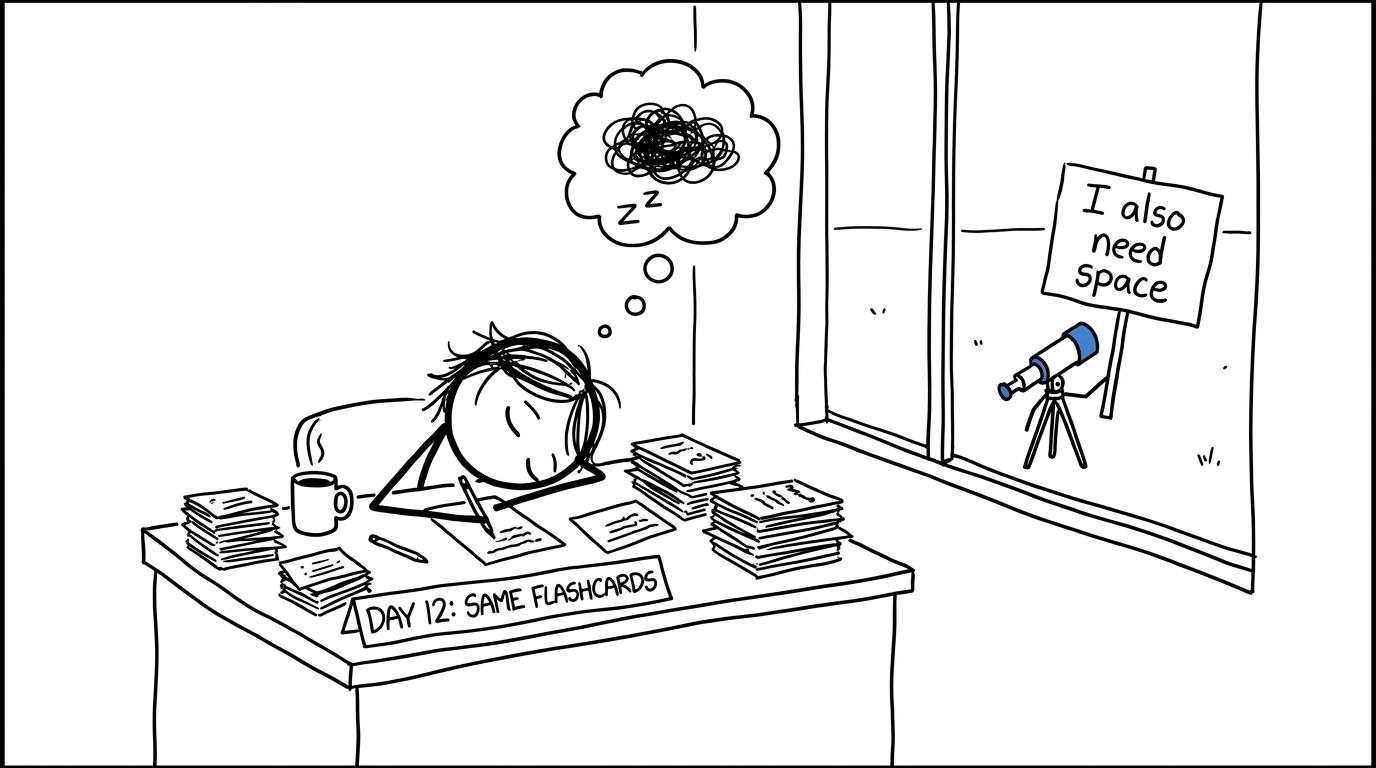 A tired student and a telescope agree that both revision and astronomy need space