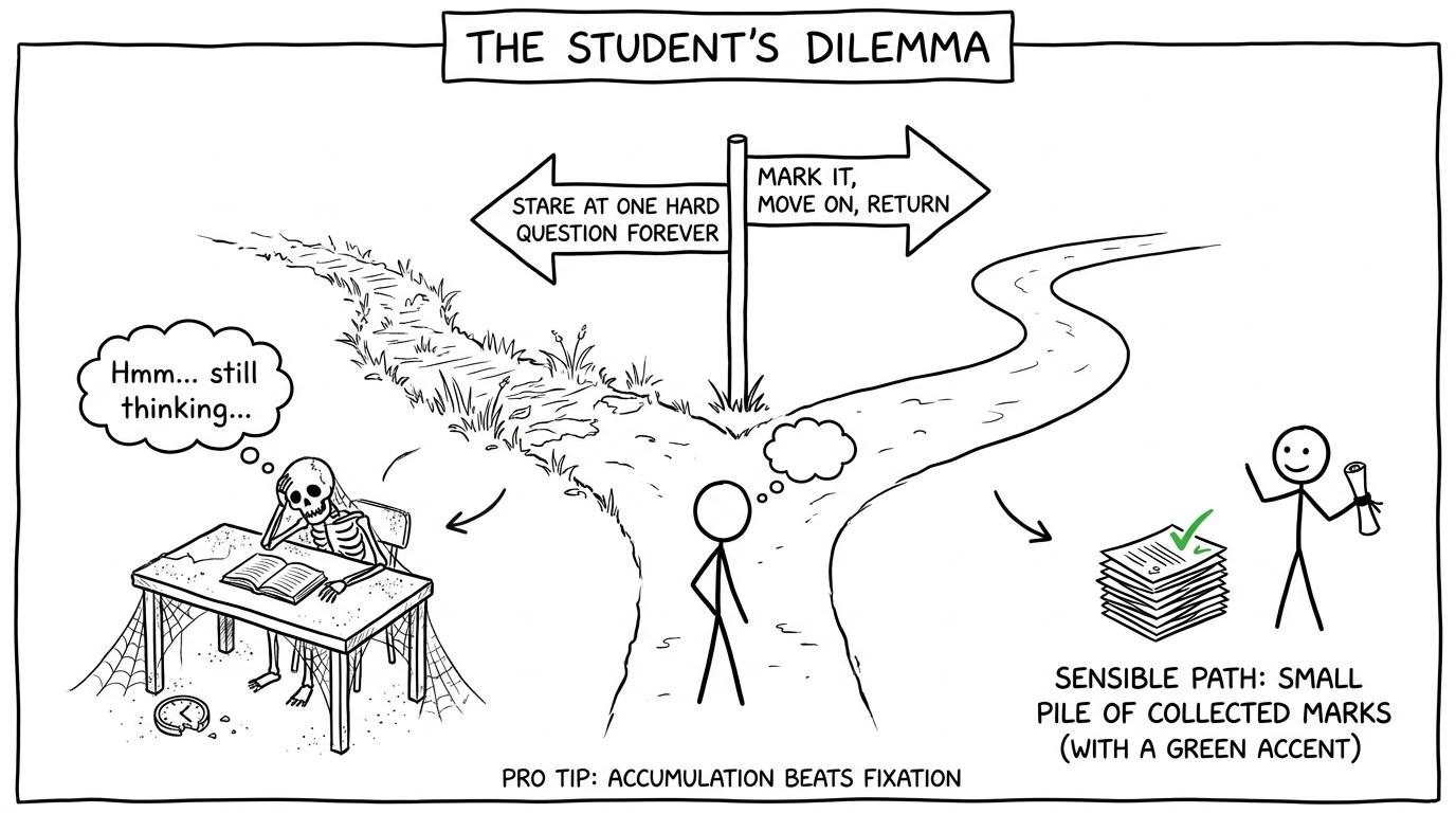 An exam crossroads between staring forever and moving on strategically