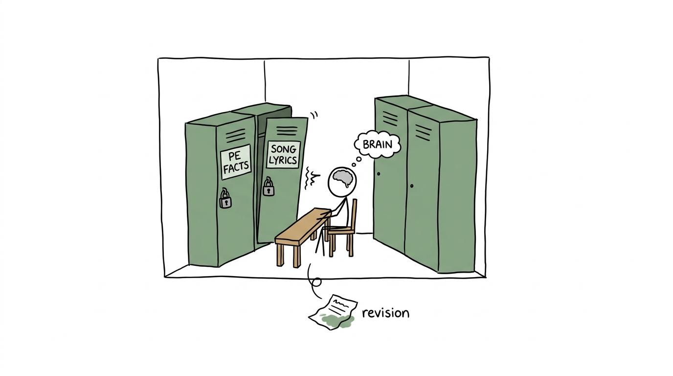 Two sets of words compete for space inside a student's imaginary changing-room brain