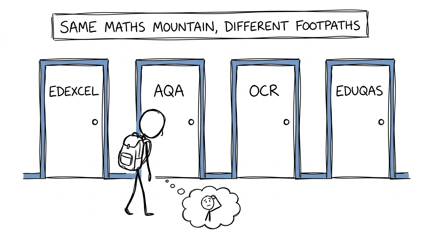 A student choosing between four exam-board routes up the same maths mountain
